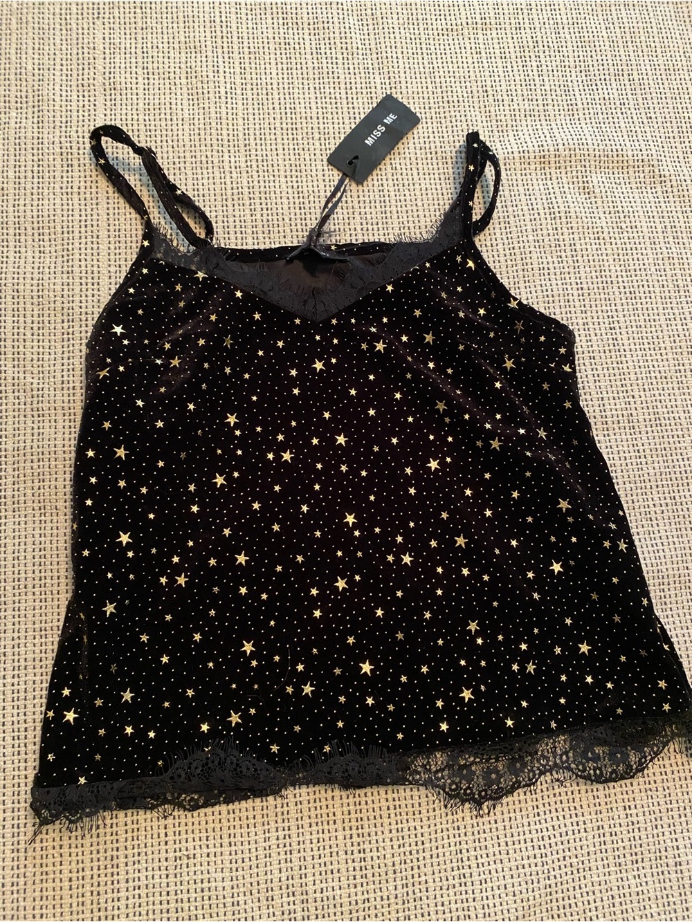 Miss Me Black Velvet Cami with Gold Star Motif